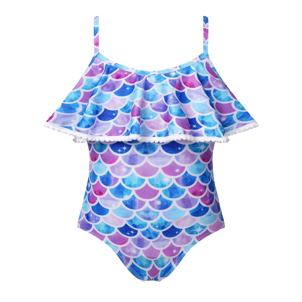 Moggemol Kids Girls One Piece Swimsuits Printed Ruffle Beach Bathing Suit Adjustable Straps Jumpsuit Swimwear Colorful Fish Scales 4 Years