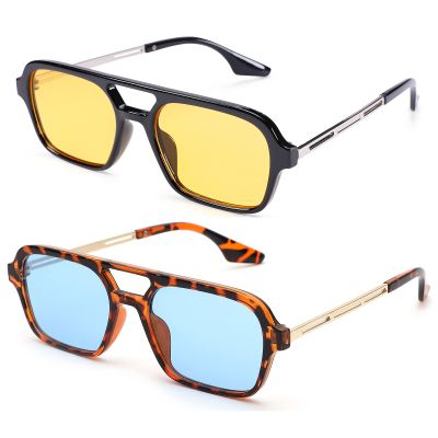 COASION Vintage 70s Flat Aviator Small Frame Sunglasses for Women Men Square Metal Design UV400 Protection Shades (Black Frame/Yellow Lens + Tortoise Frame/Blue Lens)