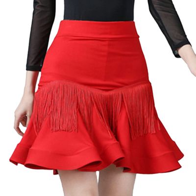 ACSUSS Women's Fringe Dance Skirts Elastic Waist Ruffle Swing Ballroom Latin Party Dance Dress Red XX-Large