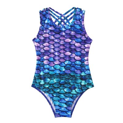 Hedmy Kids Girl's One Piece Sports Swimsuit Summer Beach Swimwear Cross Back Bathing Suits Colorful Fish Scales 6 Years