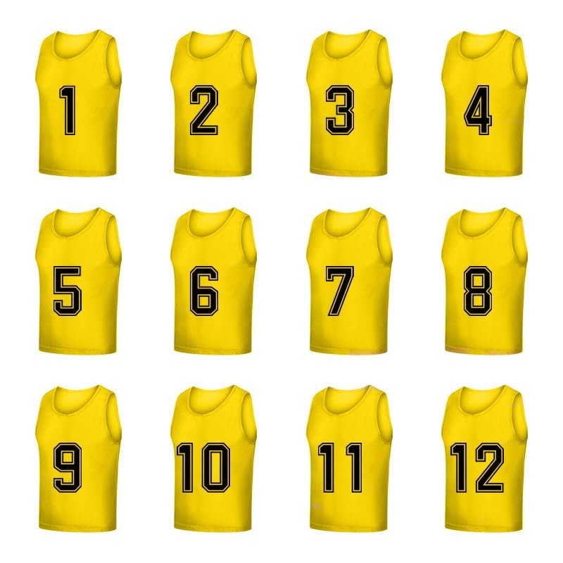Saaifuu Set of 12 (1-12) Numbered Pinnies/Scrimmage Vest/Team Practice Jerseys for Children Youth Adult(Yellow XL)
