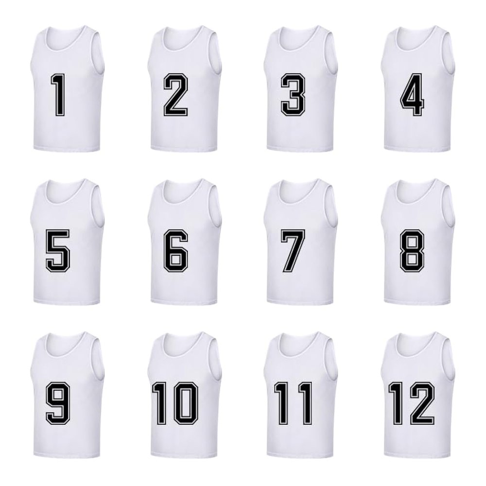 Saaifuu Set of 12 (1-12) Numbered Pinnies/Scrimmage Vest/Team Practice Jerseys for Children Youth Adult(White M)