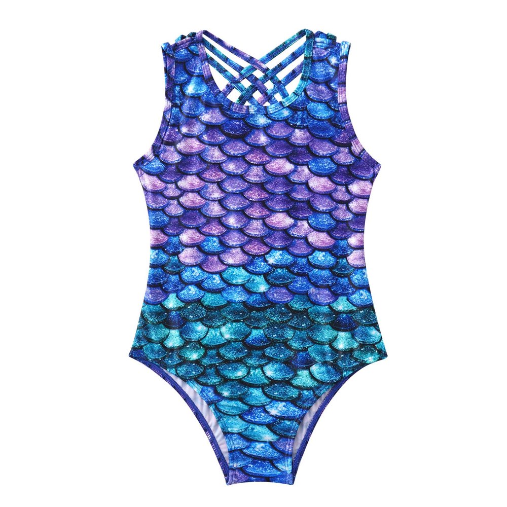 Hedmy Kids Girl's One Piece Sports Swimsuit Summer Beach Swimwear Cross Back Bathing Suits Colorful Fish Scales 14 Years