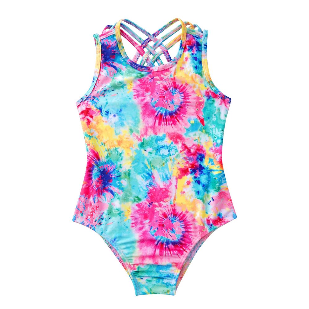 Hedmy Kids Girl's One Piece Sports Swimsuit Summer Beach Swimwear Cross Back Bathing Suits Colorful Tie Dye 6 Years