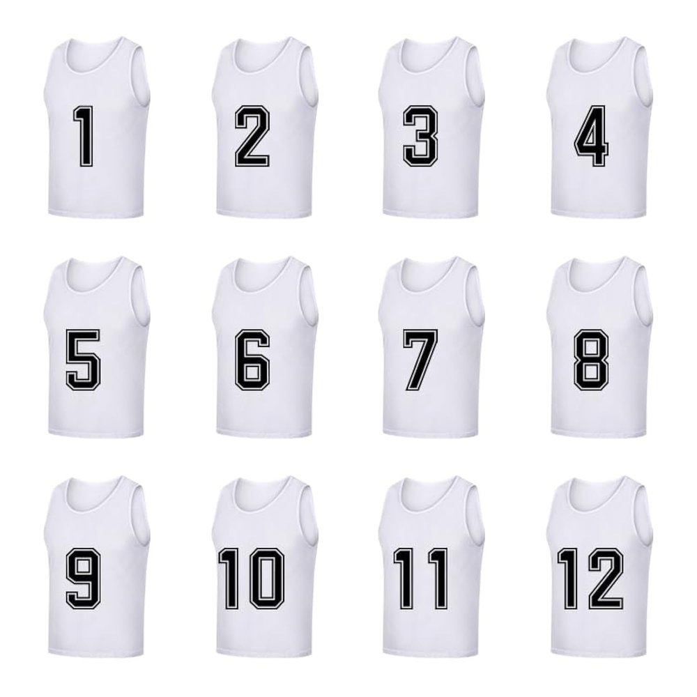 Saaifuu Set of 12 (1-12) Numbered Pinnies/Scrimmage Vest/Team Practice Jerseys for Children Youth Adult(White XL)