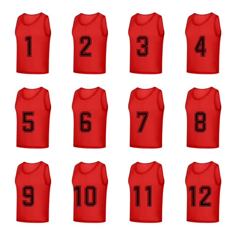 Saaifuu Set of 12 (1-12) Numbered Pinnies/Scrimmage Vest/Team Practice Jerseys for Children Youth Adult(Red L)