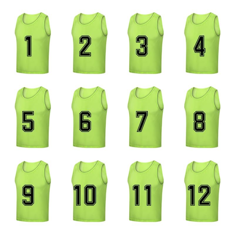 Saaifuu Set of 12 (1-12) Numbered Pinnies/Scrimmage Vest/Team Practice Jerseys for Children Youth Adult(Neon Green M)