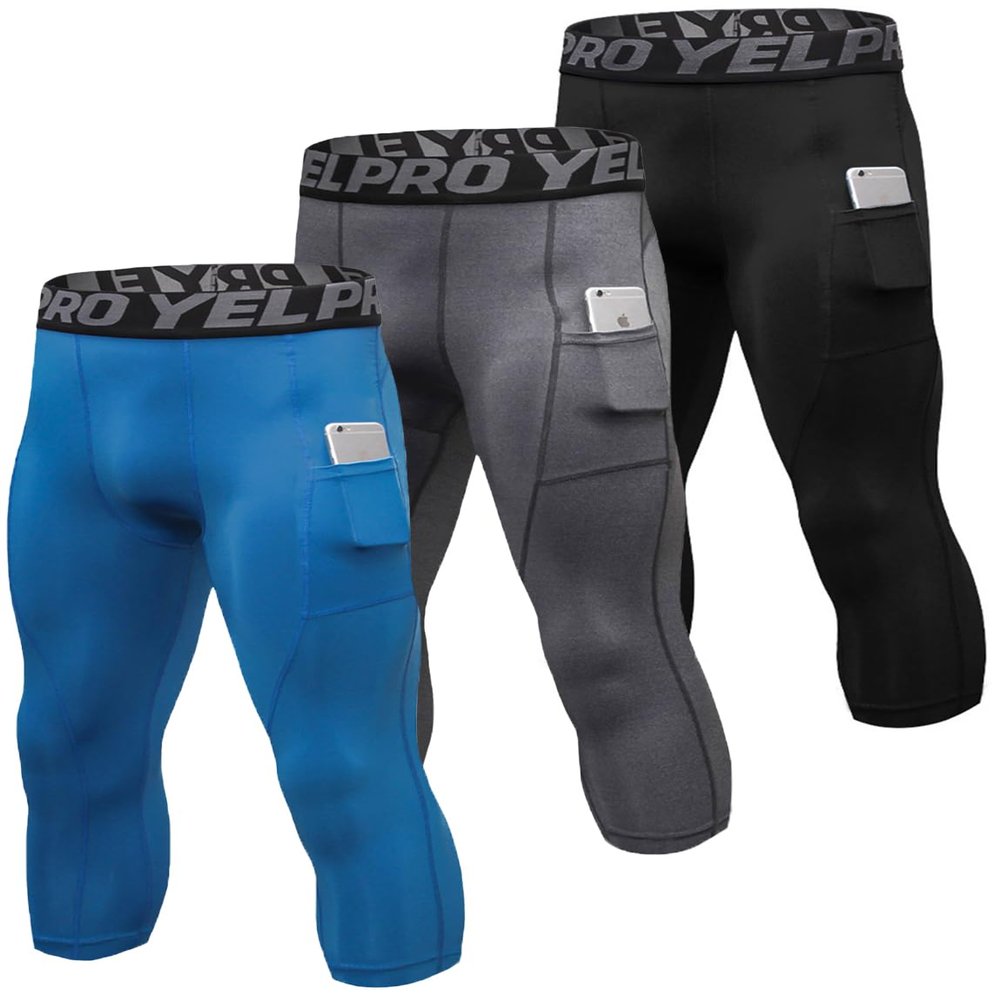 3 Pack Men's Compression Pants 3/4 Workout Dry-fit Baselayers Underwear Sport Tights Running Athletic Leggings Capris
