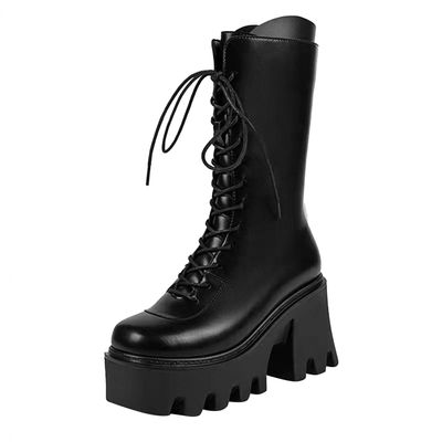 Bcshiye Womens Platform Mid Calf Wedges Booties Winter Chunky Platform High Heel Square Toe Lace up Punk Combat Boots