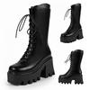 Bcshiye Womens Platform Mid Calf Wedges Booties Winter Chunky Platform High Heel Square Toe Lace up Punk Combat Boots view 3