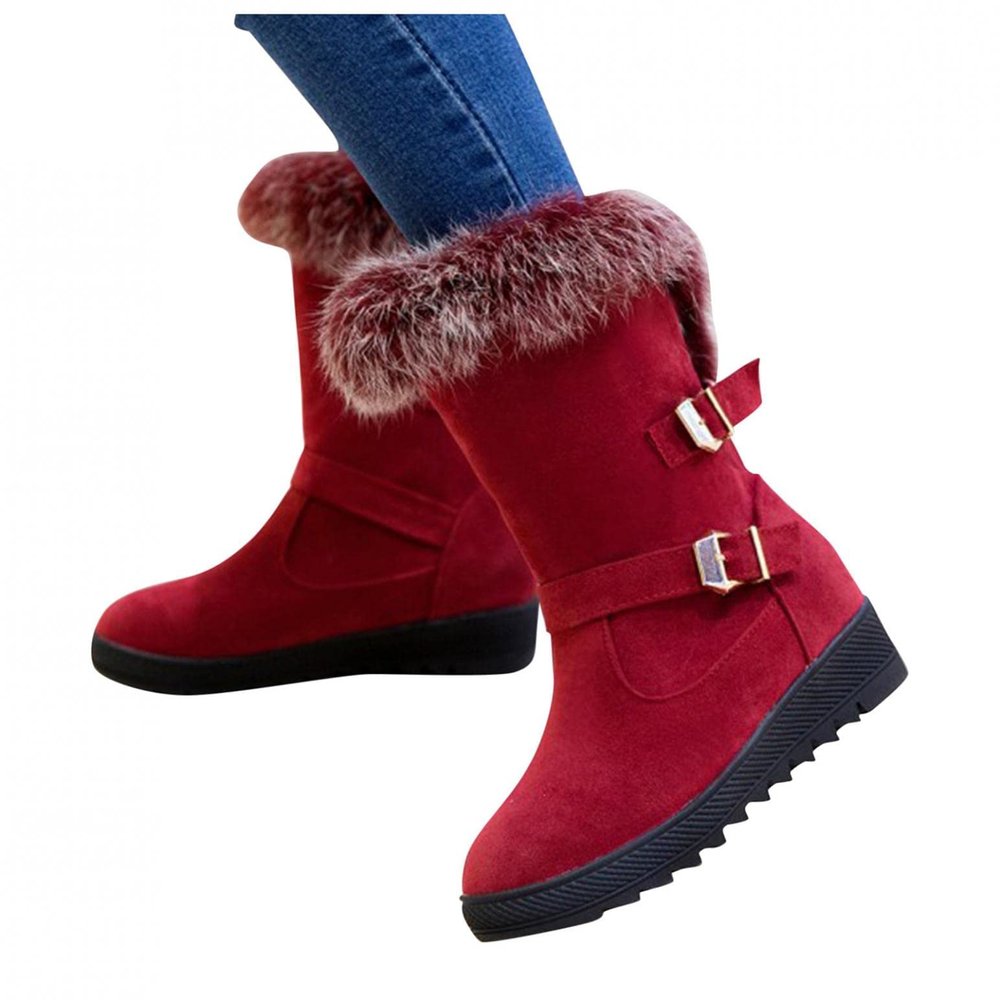 Bcshiye Women Warm Short Boots Suede Fur Furry Lined Winter Chunky Flat Heel Round Toe Winter Snow Ankle Booties