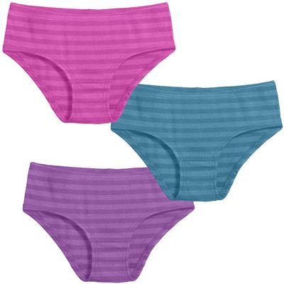 Made in USA Girls' Soft Briefs Underwear in Soft Cotton - Toddler Training Underpants Panties - Perfect for Sensitive Skins SPD Sensory Friendly Clothing 3-Pack, Striped Teal/Fuchsia/Plum, 12