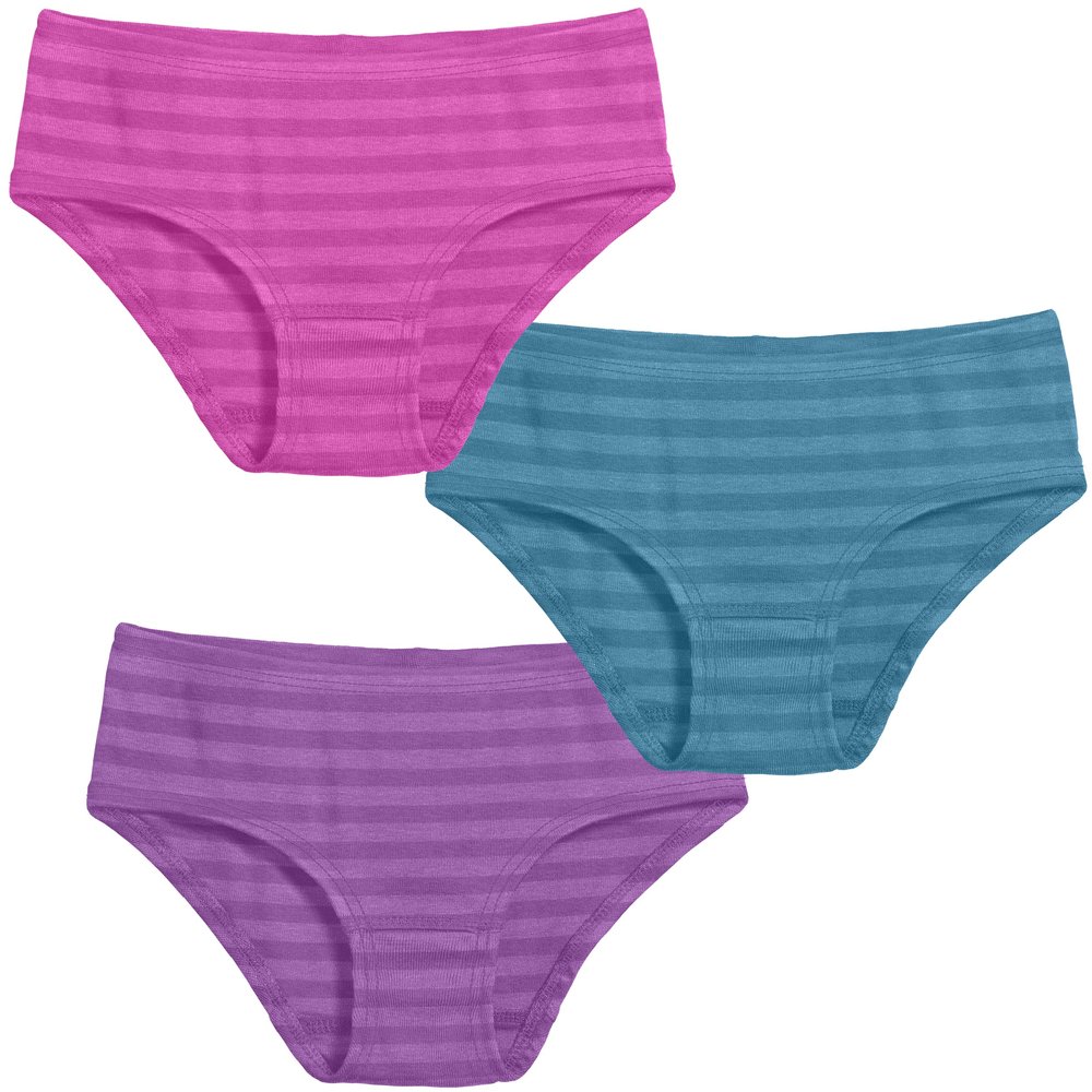 Made in USA Girls' Soft Briefs Underwear in Soft Cotton - Toddler Training Underpants Panties - Perfect for Sensitive Skins SPD Sensory Friendly Clothing 3-Pack, Striped Teal/Fuchsia/Plum, 12