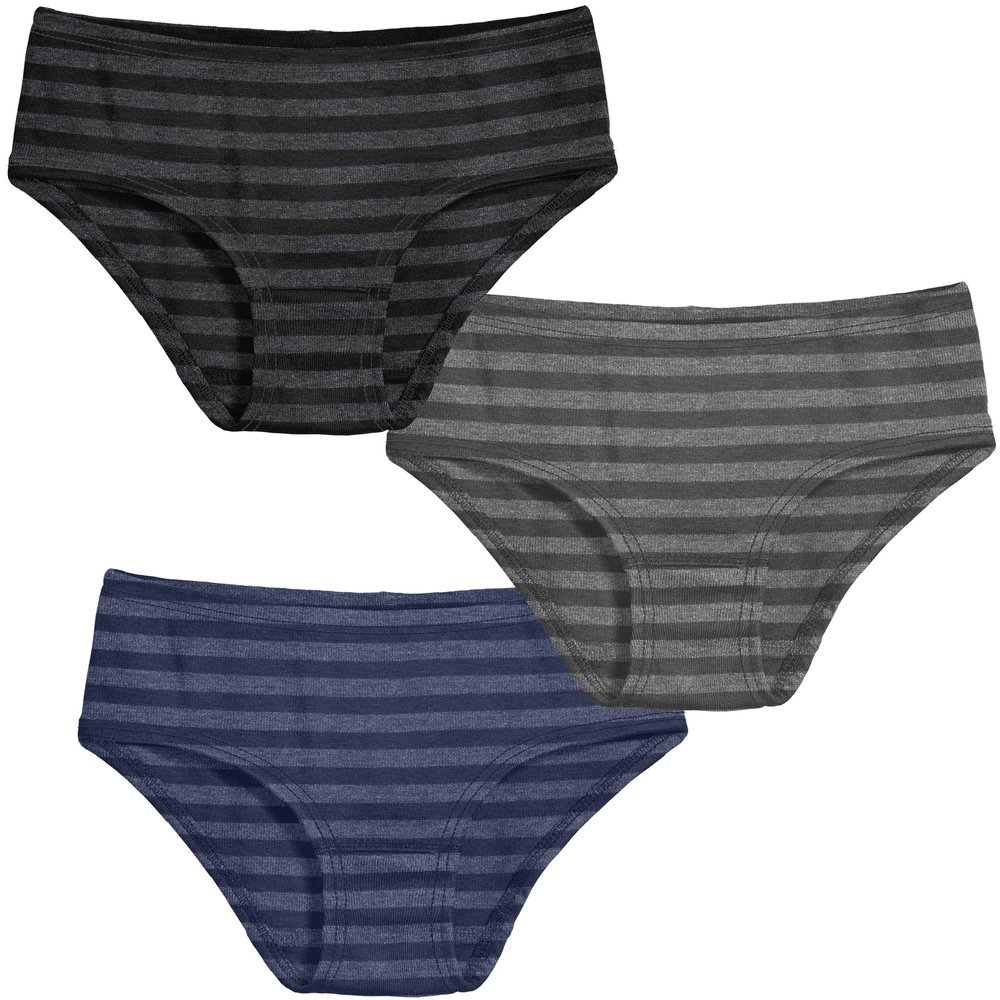 Made in USA Girls' Soft Briefs Underwear in Soft Cotton - Toddler Training Underpants Panties - Perfect for Sensitive Skins SPD Sensory Friendly Clothing 3-Pack, Striped Black/Charcoal/Navy, 7