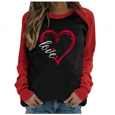 Women Valentine's Day Tops Blouse Gnome Heart Print Pullover Casual T-Shirt Long Sleeve Shirts Patchwork Sweatshirt Top