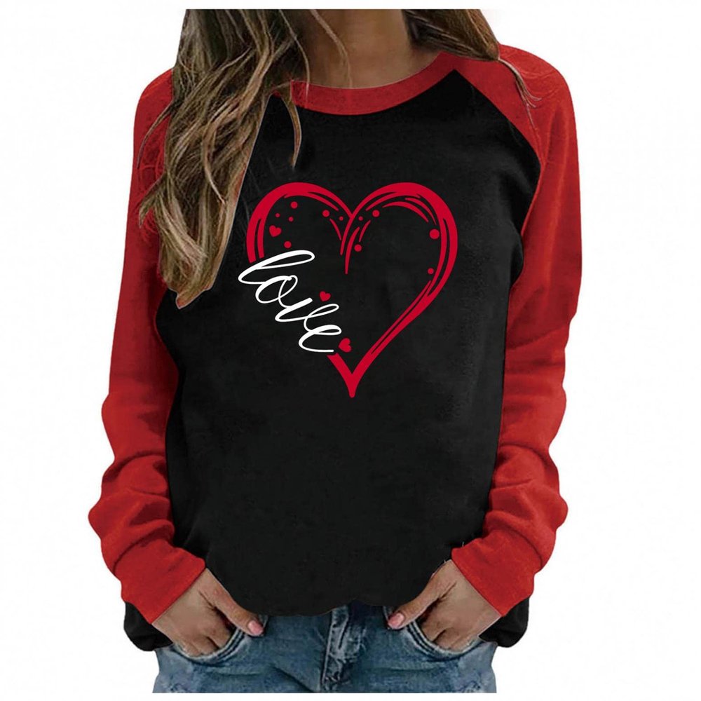 Women Valentine's Day Tops Blouse Gnome Heart Print Pullover Casual T-Shirt Long Sleeve Shirts Patchwork Sweatshirt Top