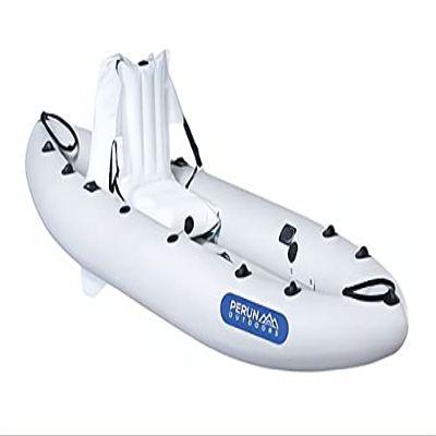 Perun Outdoors LB-300UV 1 Person Durable PVC Inflatable Kayak Boat Sport 300cm (9'10'') with Foot Air Pump and Carry Bag, Light Gray + Blue