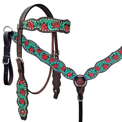 HILASON Western Horse Floral Headstall Breast Collar Set American Leather Dark Brown with Turquoise | Tack for Horses