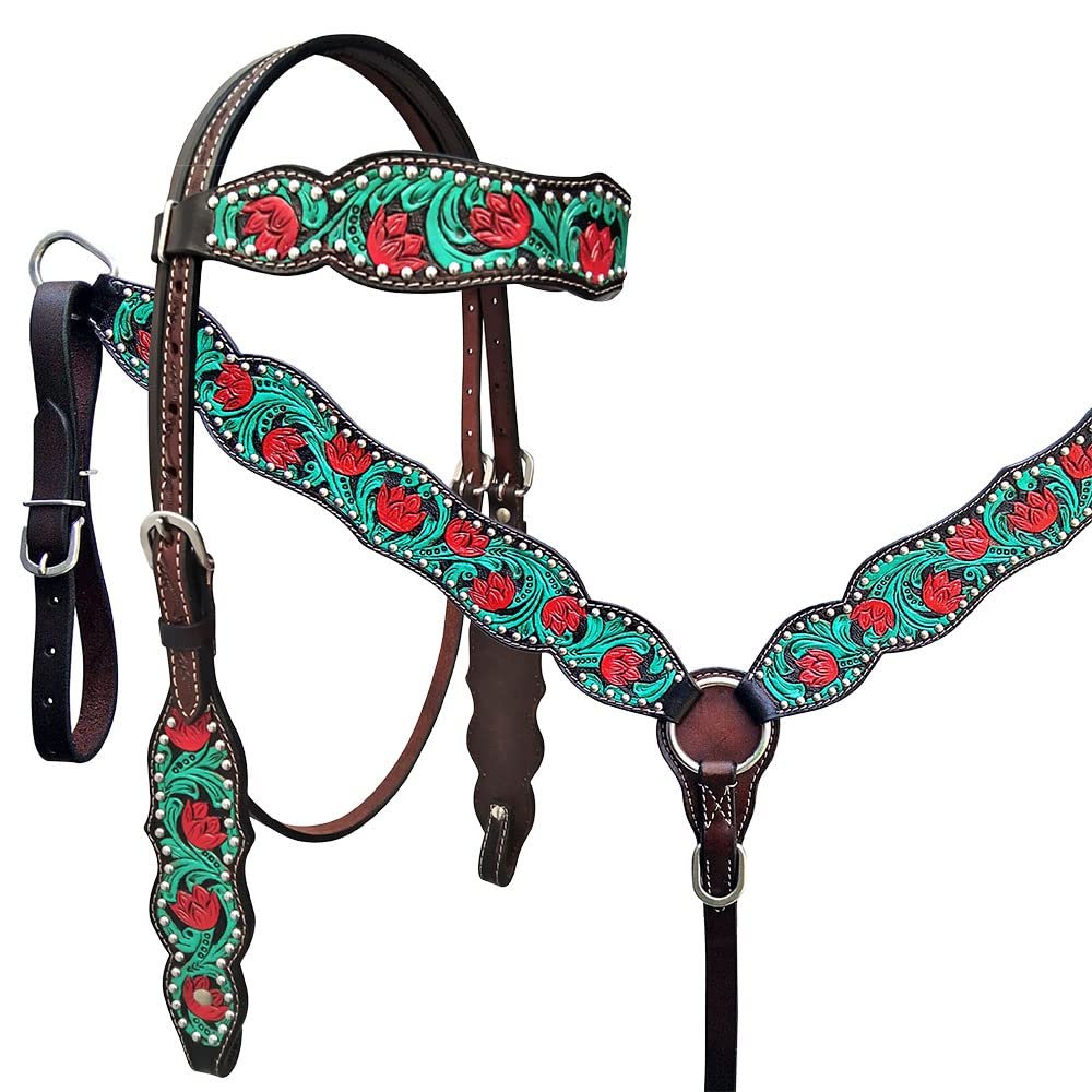 HILASON Western Horse Floral Headstall Breast Collar Set American Leather Dark Brown with Turquoise | Tack for Horses