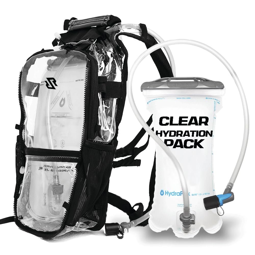 RAVERUNNER Clear Hydration Pack | Festival Approved Hydration Backpack with 2L Bladder & Quick Disconnect Hose | Transparent Camelbak Water Backpack, Clear Hydration Backpack, ClearCamelbak
