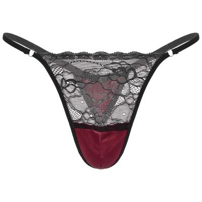 Fldy Men's Floral Lace Underwear Shiny Satin Sissy Pouch Crossdress G-String Thong Panties Lingerie Burgundy XX-Large