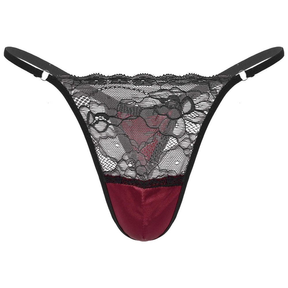 Fldy Men's Floral Lace Underwear Shiny Satin Sissy Pouch Crossdress G-String Thong Panties Lingerie Burgundy XX-Large