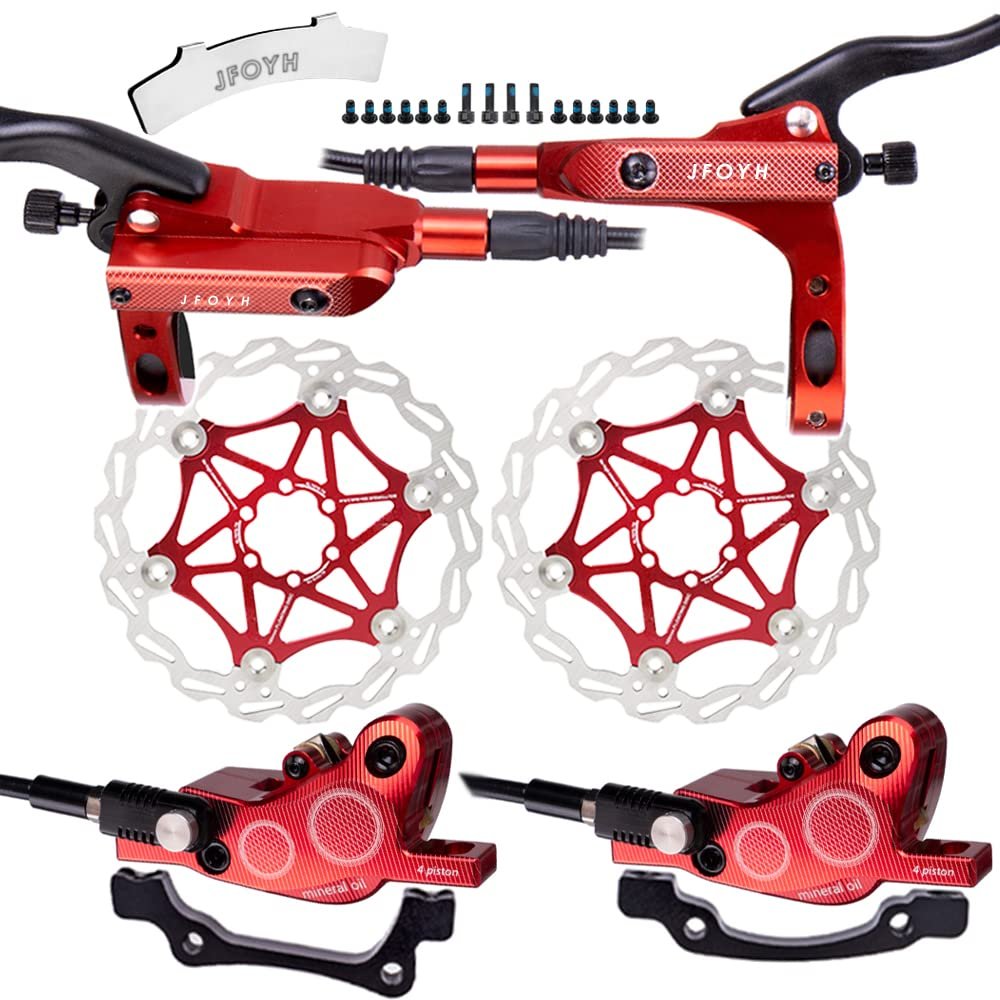 JFOYH 4-Piston MTB Hydraulic Brake Set with 160mm Floating Disc Rotors, Front and Rear Hydraulic Disc Brake Kit for MTB(Pre-Bled, Left-Front/Right-Rear)-Red