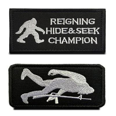 2 Pcs Reigning Hide and Seek Champion Big Man Funny Hook and Loop Fully Embroidered Tactical Patrol Patches for Bag Caps Backpack Uniform Vest Harness