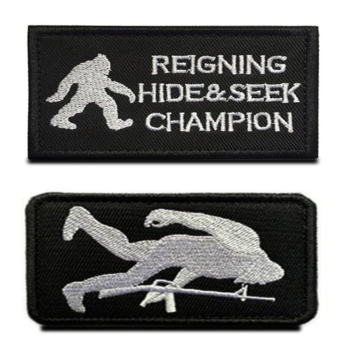 2 Pcs Reigning Hide and Seek Champion Big Man Funny Hook and Loop Fully Embroidered Tactical Patrol Patches for Bag Caps Backpack Uniform Vest Harness