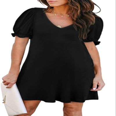 Aloodor Dresses for Women 2025 V Neck Puff Sleeve T Shirt Dress Fashion Beach Vacation Essentials Black M