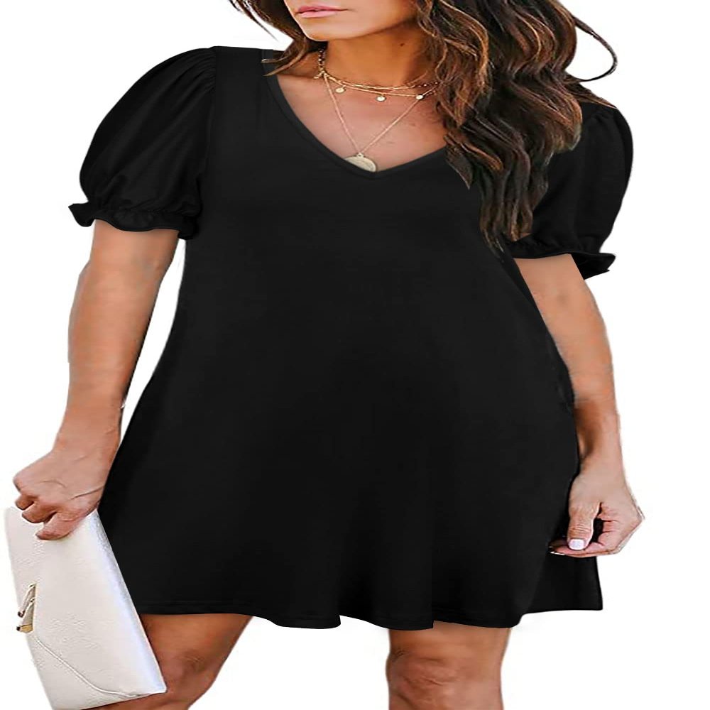 Aloodor Dresses for Women 2025 V Neck Puff Sleeve T Shirt Dress Fashion Beach Vacation Essentials Black M