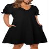 Aloodor Dresses for Women 2025 V Neck Puff Sleeve T Shirt Dress Fashion Beach Vacation Essentials Black M view 3