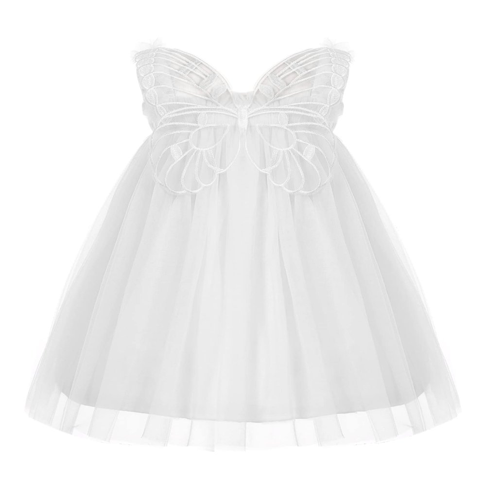 Alvivi Toddler Baby Girls Shoulder Straps Mesh Dress with Angel Wings Decor Princess Birthday Gowns White 12-18 Months