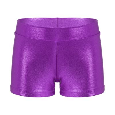 Hansber Kids Girls Gymnastics Shorts Stretchy Spandex Shiny Metallic Tumbling Bottoms Athletic Dance Booty Shorts Purple 3-4