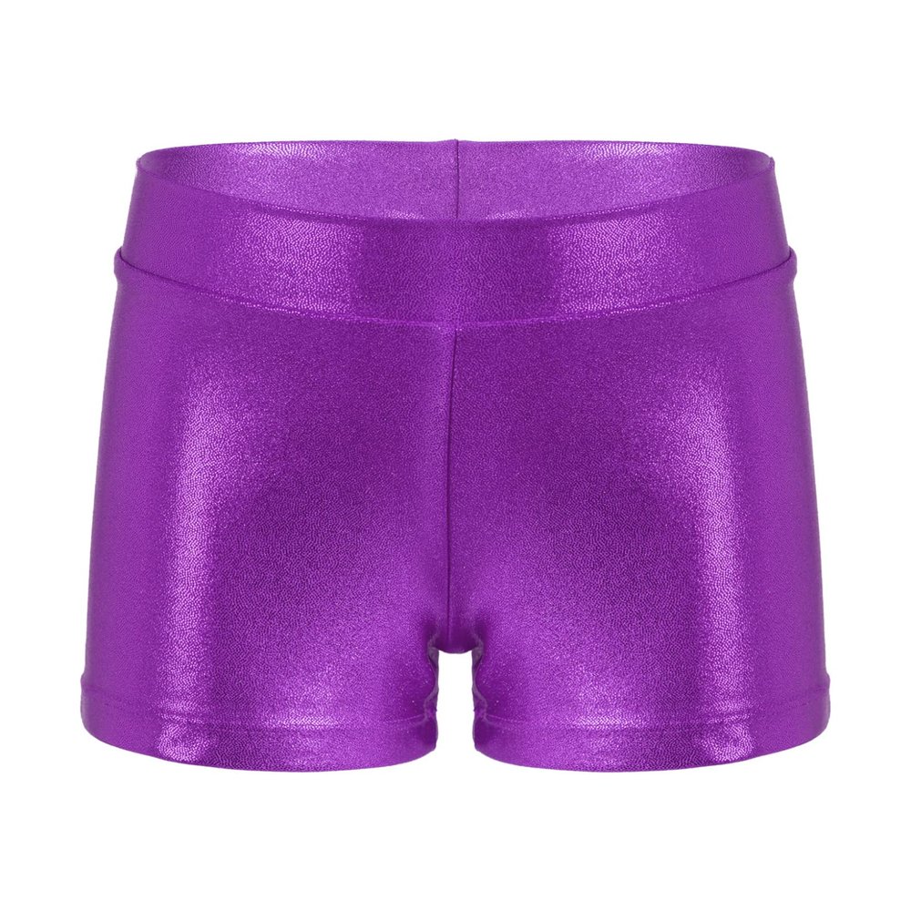 Hansber Kids Girls Gymnastics Shorts Stretchy Spandex Shiny Metallic Tumbling Bottoms Athletic Dance Booty Shorts Purple 3-4