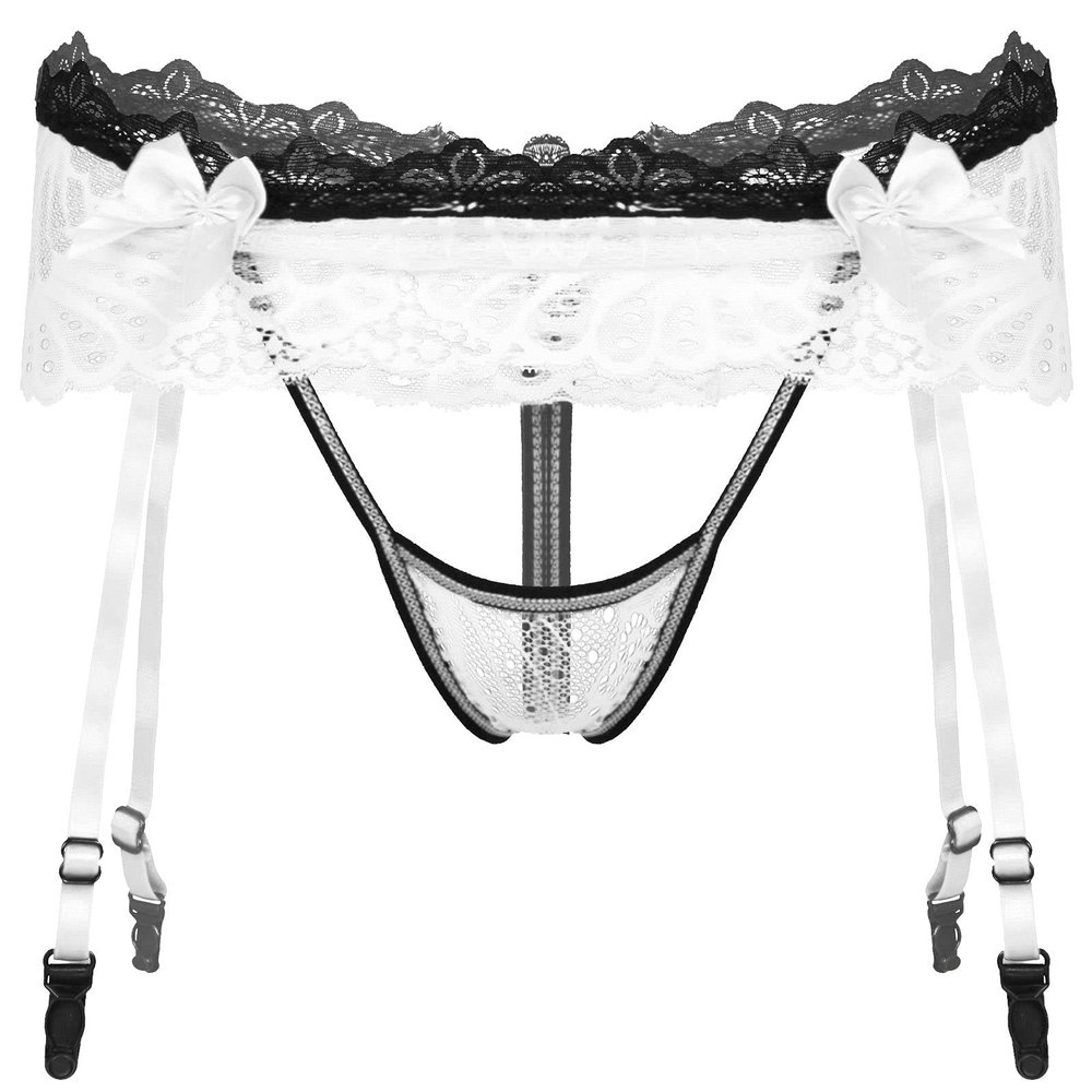 Fldy Men's Sissy Lingerie Thongs with Garters Lace Ruffled Skirted Briefs G-String T-back Pantie Underwear White One Size