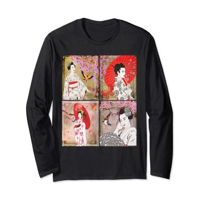 Geisha Wearing Kimonos Cherry Blossom Japanese Art Womens Long Sleeve T-Shirt
