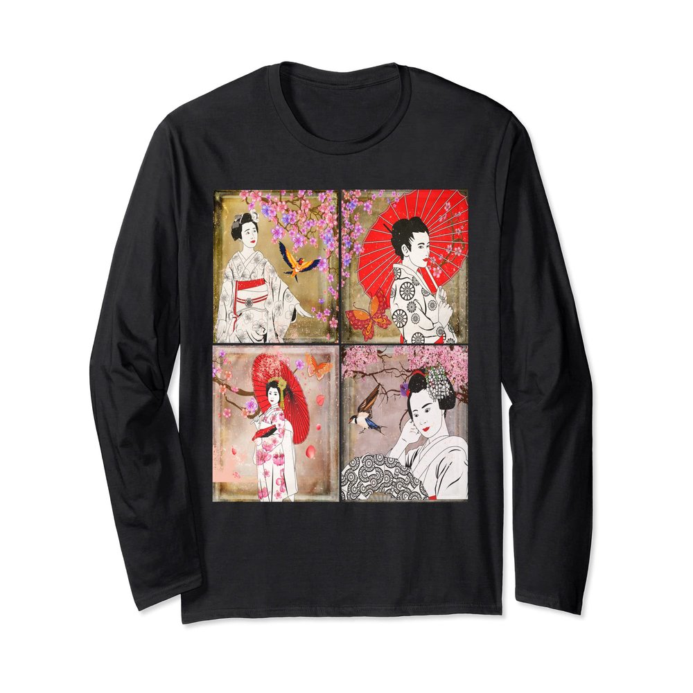 Geisha Wearing Kimonos Cherry Blossom Japanese Art Womens Long Sleeve T-Shirt