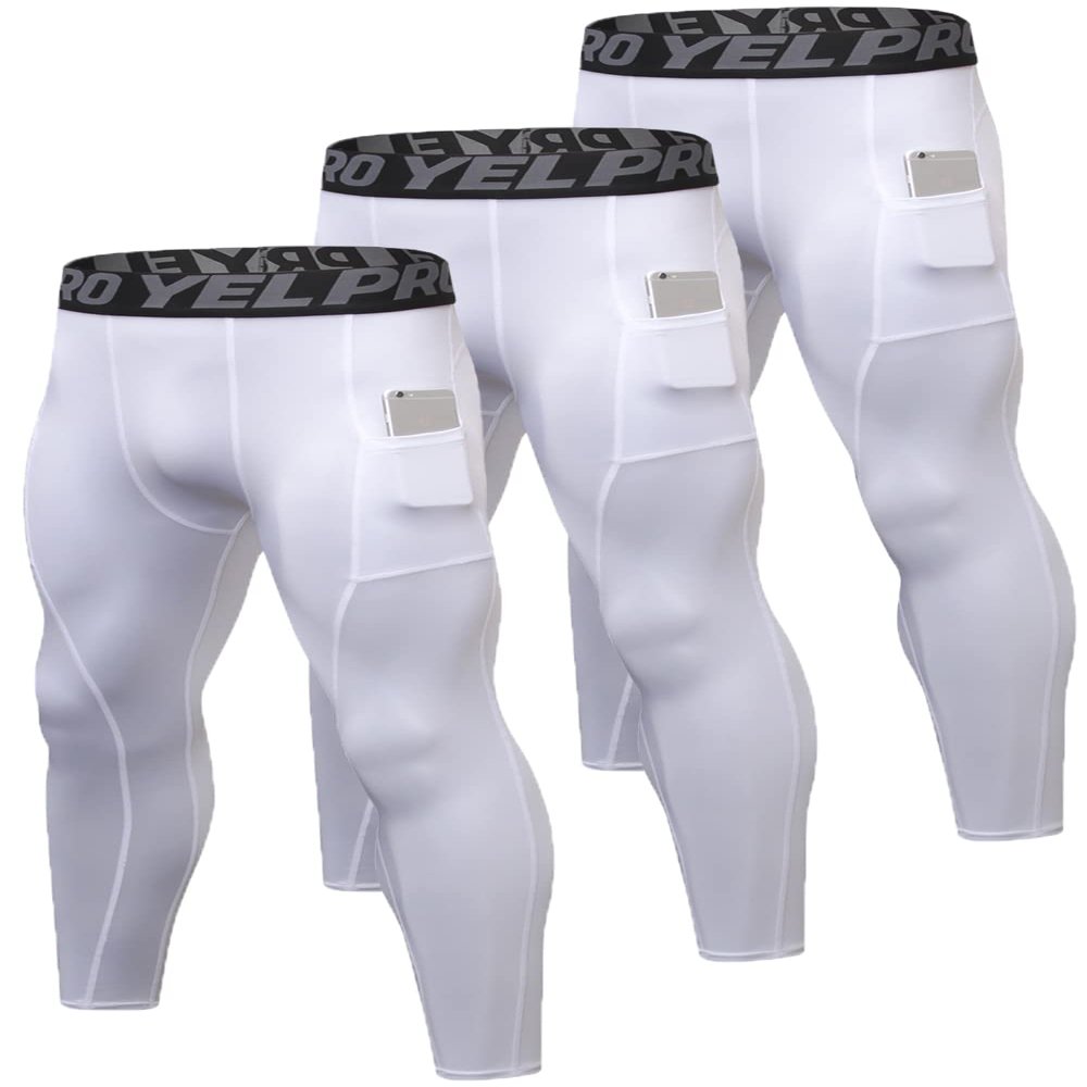 Queerier 3 Pack Men's Compression Pants Athletic Leggings with Pockets Running Baselayer Tights Cycling Workout Pants