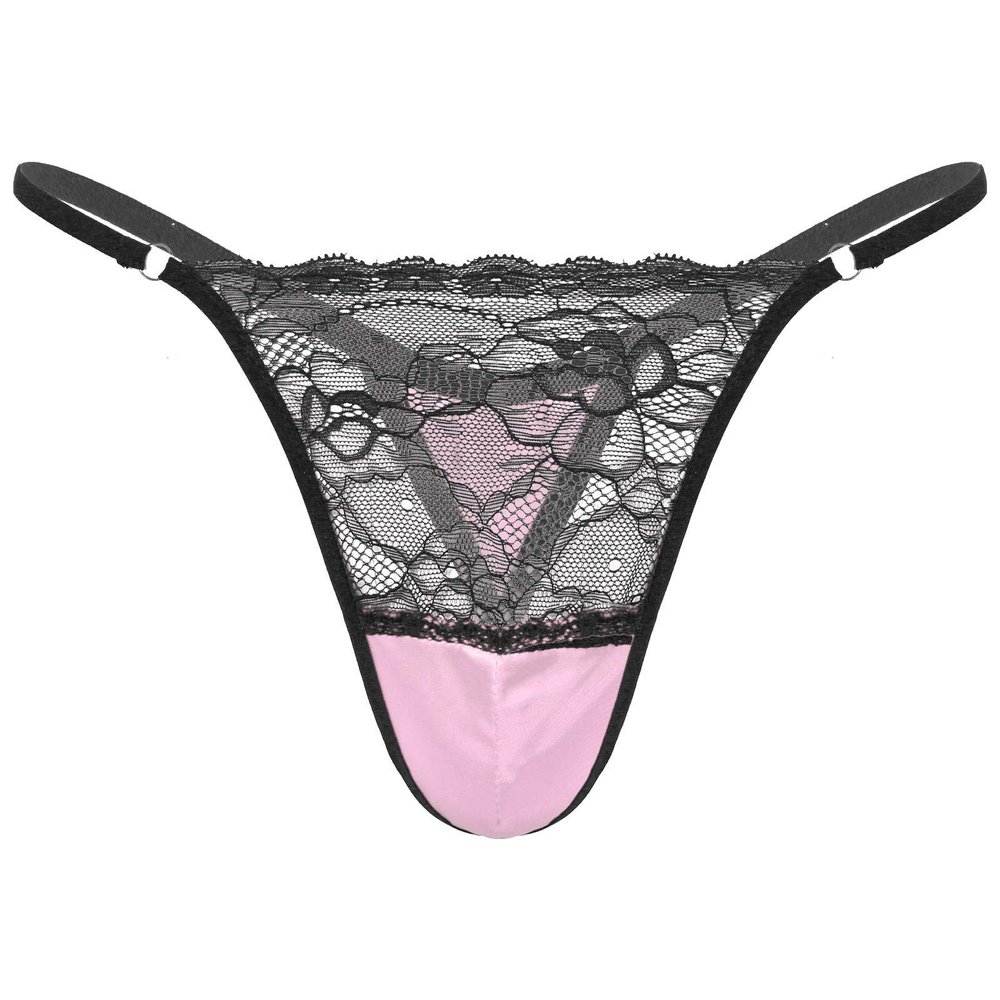 Fldy Men's Floral Lace Underwear Shiny Satin Sissy Pouch Crossdress G-String Thong Panties Lingerie Pink Medium