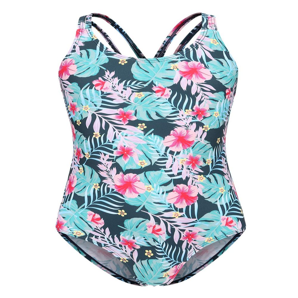 Girls One Piece Swimsuits Hawaiian Floral Bathing Suit for Kids Adjustable Straps Swimwear Floral Pink Size 7/6-7 Years