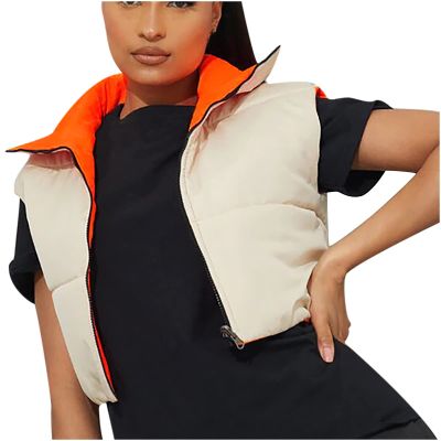 tuduoms Women Reversible Puffer Cropped Vest Winter Sexy Crop Jackets Stand Collar Lightweight Zip Padded Gilet Warm Outwear