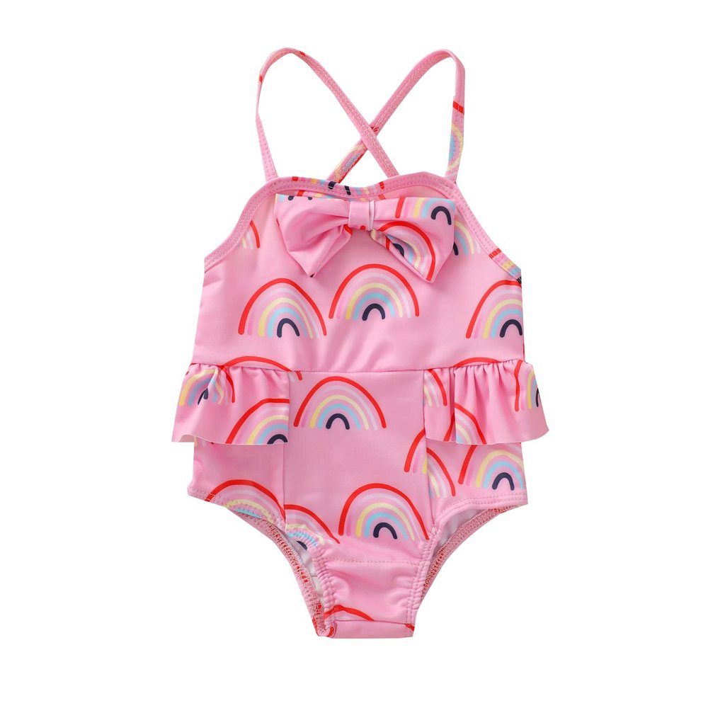 Newborn Baby Girls One-Piece Swimsuit Rainbow Donut Print Swimwear Sleeveless Ruffle Summer Beach Bathing Suit (2#Pink, 6-12 Months)