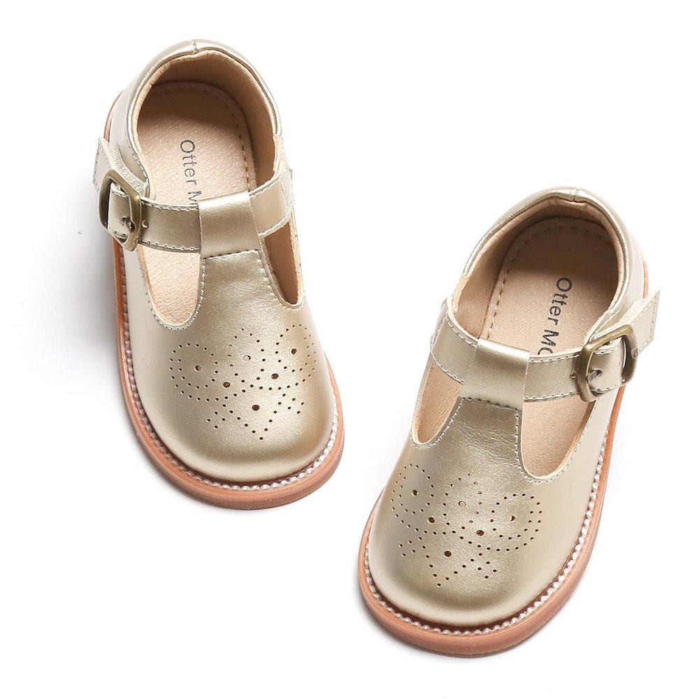 Otter MOMO Toddler Little Girls Oxford Shoes Mary Jane Flat T-Strap School Uniform Party Gold Dress Shoes Size 1