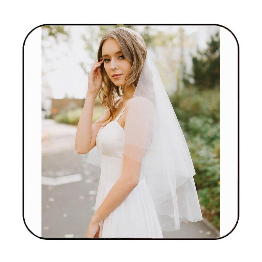 Latious 2 Tier Bride Wedding Veil White Fingertip Double Layer Bridal Tulle Veils with Comb for Brides and Women (White)