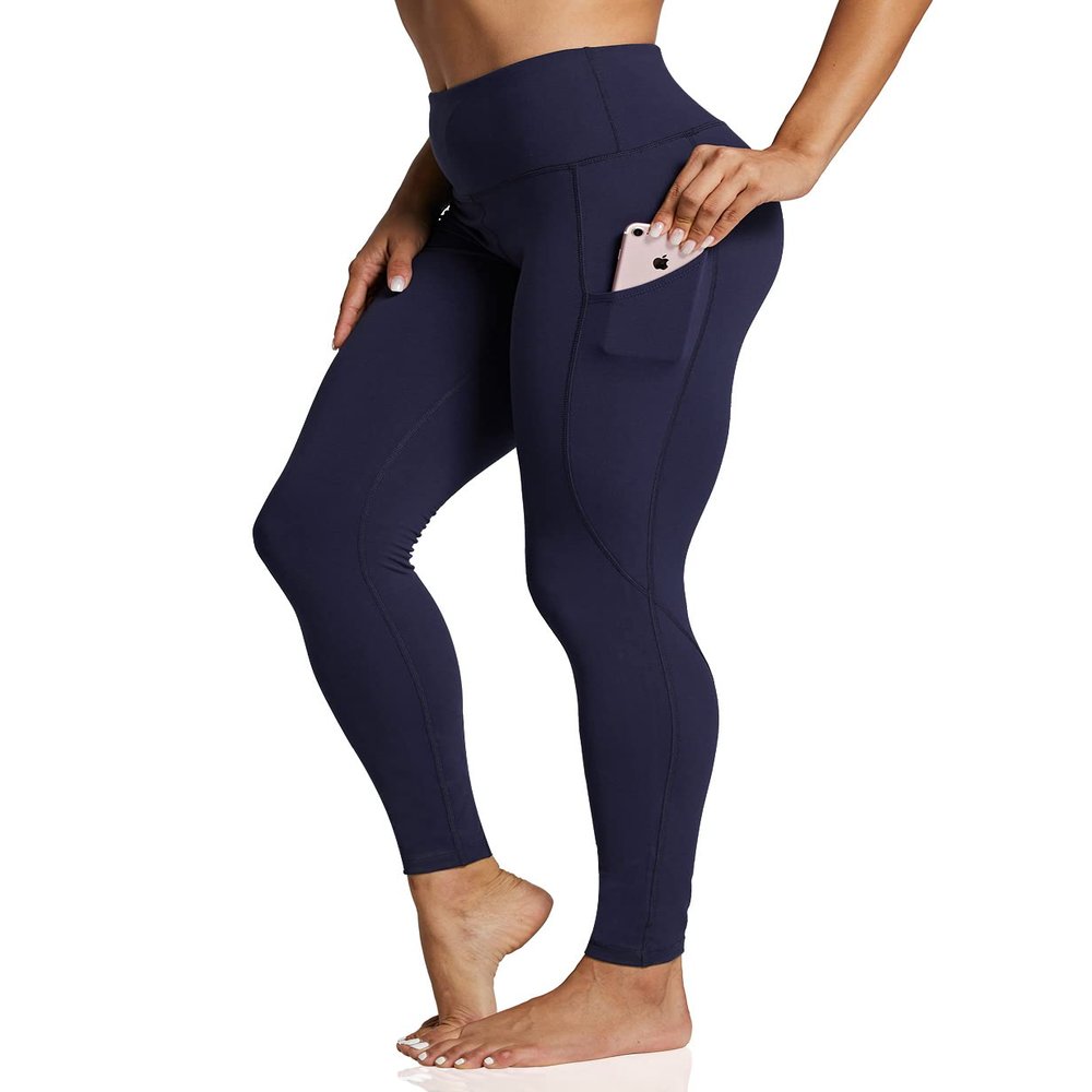 ZUTY Women's 7/8 High Waisted Workout Yoga Leggings with Pockets Athletic Spandex Leggings Yoga Pants Running Tights 25" X Side Line Dark Blue 4XL