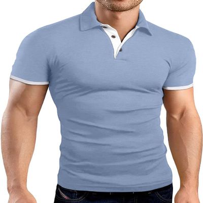 KUYIGO Men's Short Sleeve Polo Shirts Casual Slim Fit Basic Designed Cotton Shirt Large Grey Blue