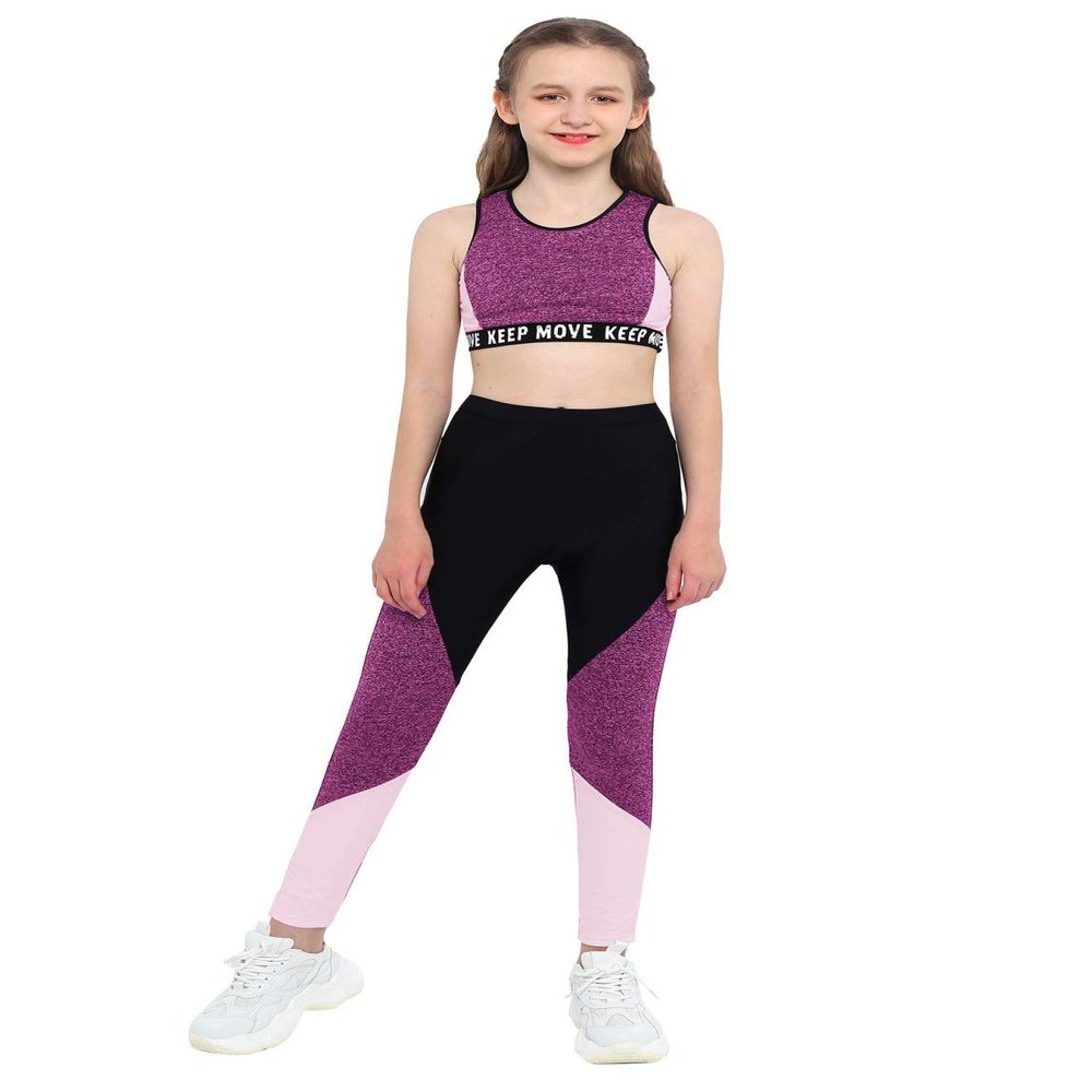 HULIJA Kids Girls' Yoga Dance Performance Outfit Tracksuit Crop Top with Athletic Leggings 2 Piece Set Pink-Black 8 Years