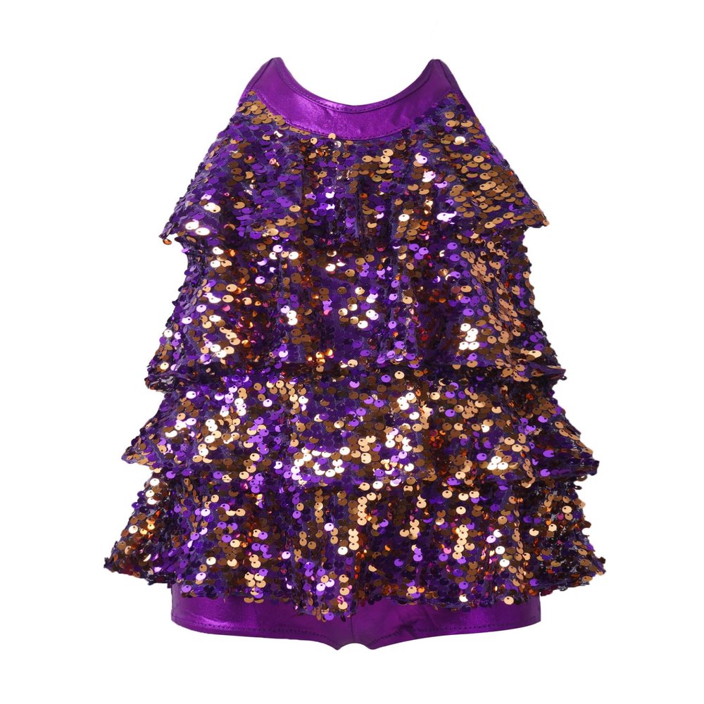 Sywiyi Big Girls Halter Sequined Salsa Samba Rumba Jazz Dress Dancewear Latin Ballet Unitard Costume Purple 12 Years