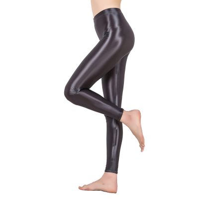 Fldy High Waist Yoga Pants for Women Tummy Control Shiny Oil Sport Leggings Footless Shimmer Fluorescent Color Tights Grey X-Large